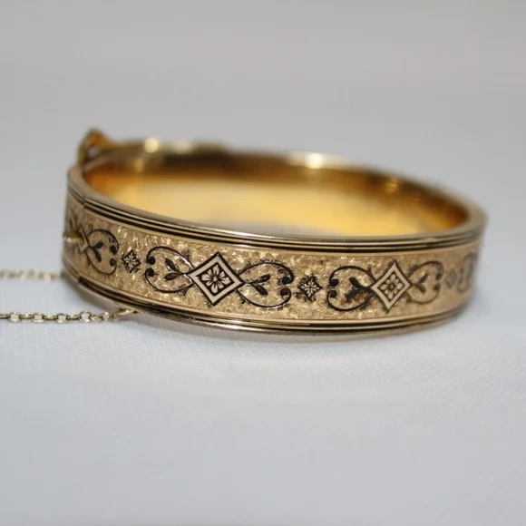 Antique Victorian 10K Gold Filled Enamel Taille D'Epargne Buckle Bangle Bracelet - Picture 8 of 8